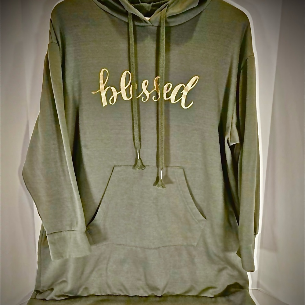Coco and Shay Women Hoodie 3X Green. Pouch pocket. Gold Blessed writing.